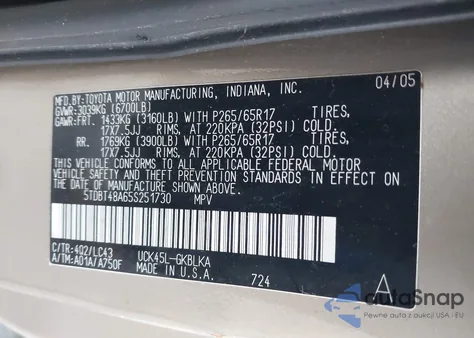 2005 Toyota Sequoia Limited V8 z USA, uszkodzony, nr VIN 5TDBT48A65S251730